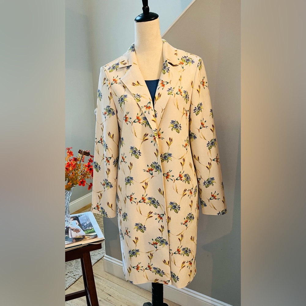 NWOT ELIE TAHARI Coat COTTAGE CORE Open Front Floral Faux Suede Pockets P-SMALL